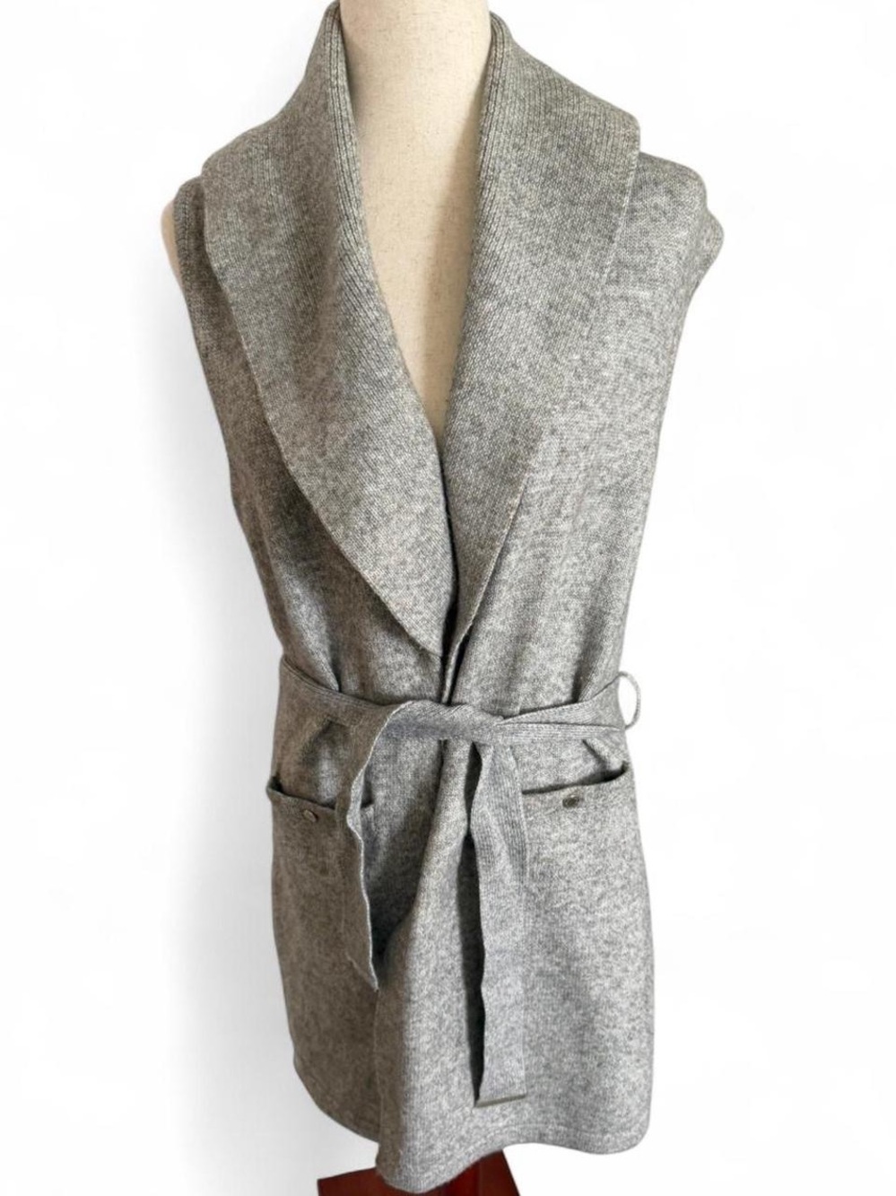 Gray Sleeveless Wool Blend Shawl-Collar Midi Belted Cardigan Sweater Medium Boho
